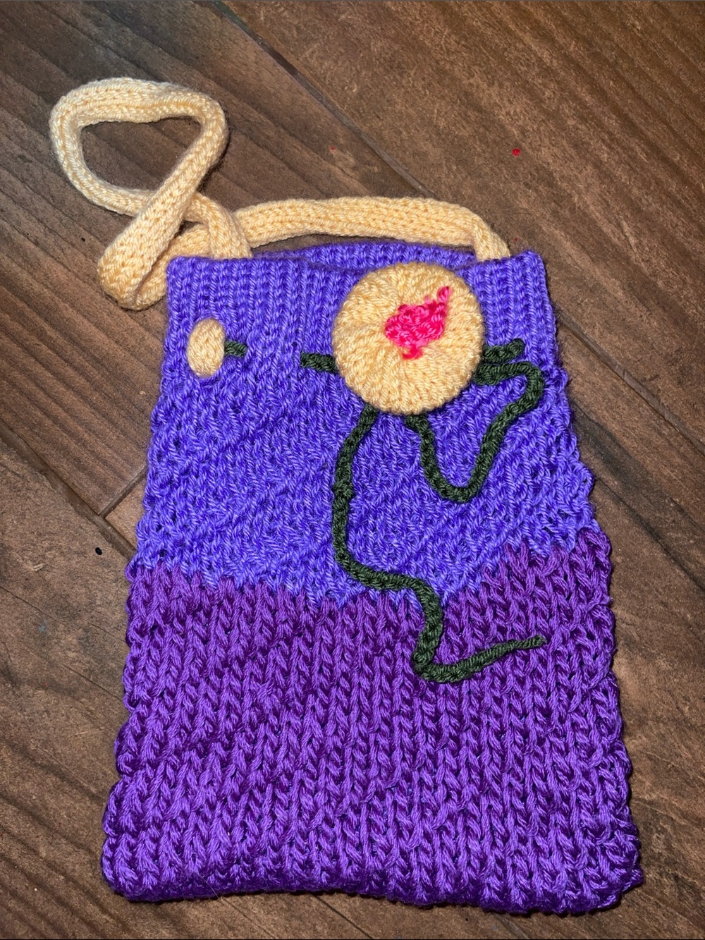 Handmade Purple Knit Satchel with Creamy Yellow Strap and Floral Accent
